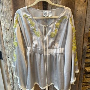Ivy Jane boho silver satin blouse with floral embroidery on sleeve